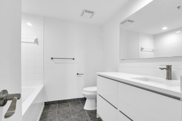 bathroom featuring visible vents, toilet, tile patterned floors, bathtub / shower combination, and vanity