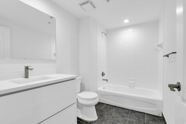 full bathroom with visible vents, toilet, washtub / shower combination, vanity, and tile patterned floors