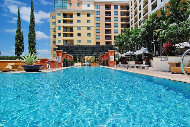 view of swimming pool with a patio