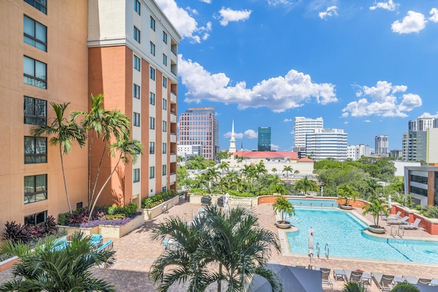 community pool featuring a city view and a patio