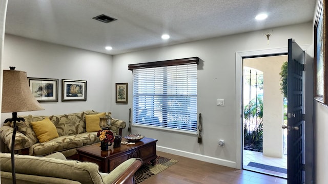 living room with dark hardwood / wood-style floors and a textured ceiling