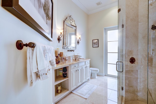 bathroom featuring walk in shower, toilet, ornamental molding, vanity, and a healthy amount of sunlight