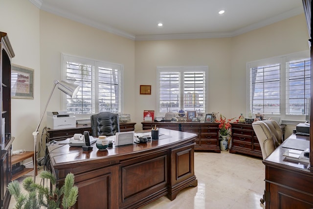 home office with crown molding, a wealth of natural light, and light tile patterned floors