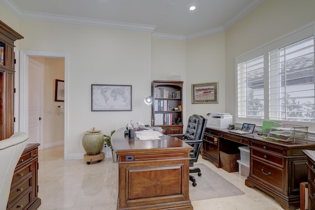 tiled office space featuring crown molding