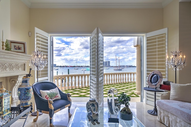 interior space featuring a water view, ornamental molding, and a wealth of natural light