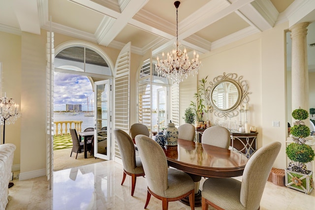 dining room with decorative columns, a chandelier, coffered ceiling, crown molding, and beam ceiling