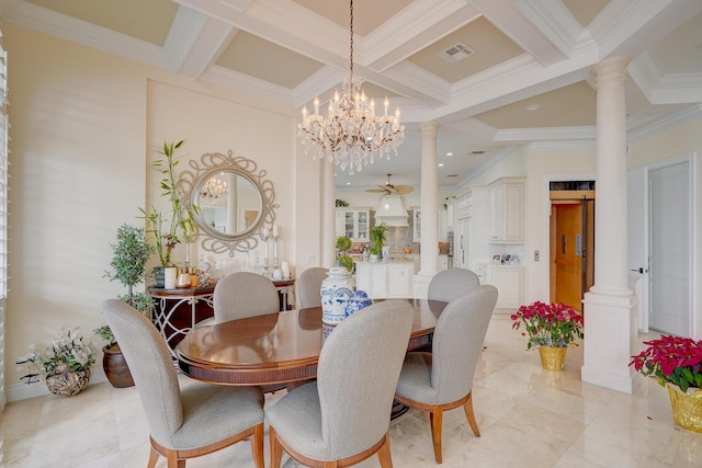 dining room featuring crown molding, beam ceiling, decorative columns, coffered ceiling, and ceiling fan with notable chandelier