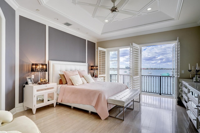 bedroom featuring crown molding, ceiling fan, wood-type flooring, and access to outside