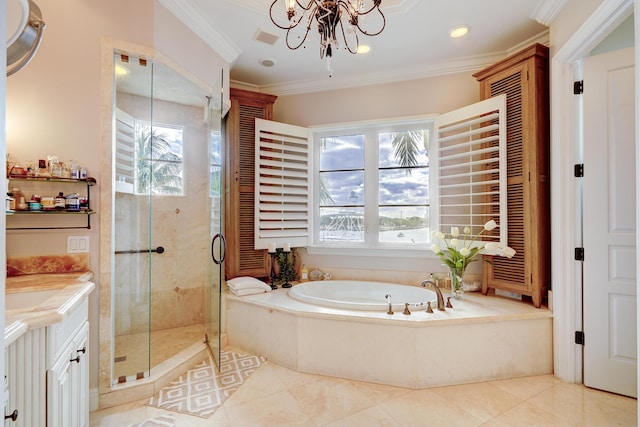 bathroom featuring crown molding, a healthy amount of sunlight, separate shower and tub, and vanity