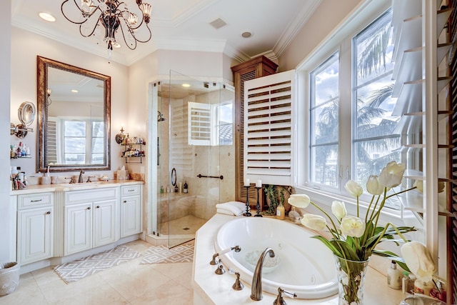 bathroom featuring crown molding, separate shower and tub, vanity, tile patterned floors, and a chandelier