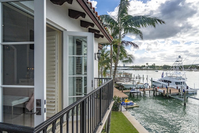 exterior space with a water view