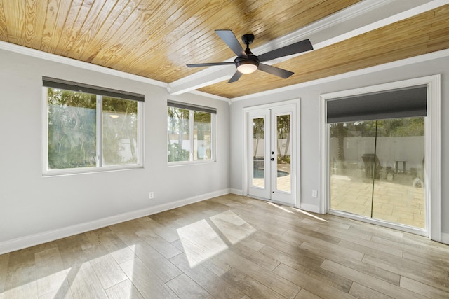 unfurnished sunroom with french doors, ceiling fan, and wooden ceiling