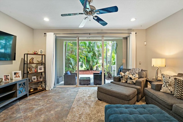 living room featuring ceiling fan