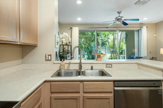 kitchen featuring dishwasher, sink, ceiling fan, kitchen peninsula, and light brown cabinets