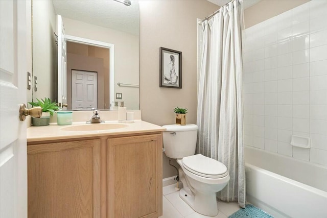 full bathroom featuring vanity, shower / bath combo, tile patterned floors, and toilet