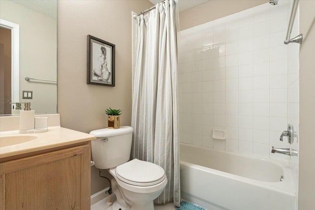 full bathroom featuring vanity, shower / tub combo with curtain, a textured ceiling, and toilet