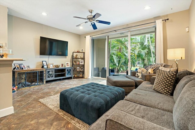 living room featuring ceiling fan