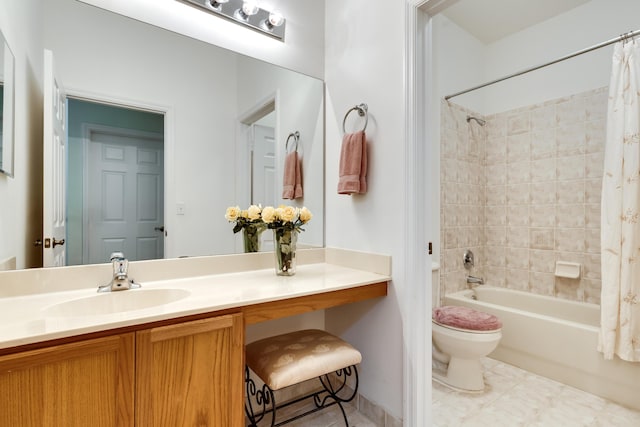 full bathroom with vanity, shower / tub combo with curtain, and toilet