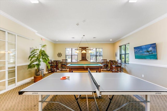 game room featuring crown molding, billiards, and carpet floors