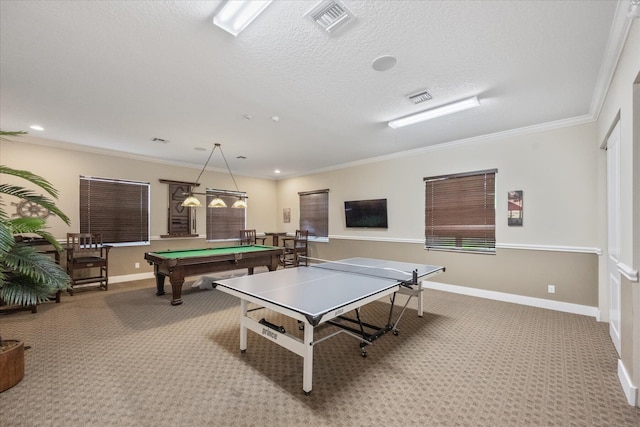 rec room featuring pool table, light colored carpet, ornamental molding, and a textured ceiling