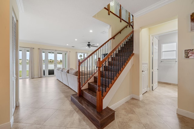 staircase featuring ornamental molding, tile patterned floors, and french doors