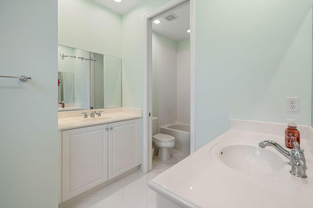 full bathroom with shower / tub combination, vanity, toilet, and tile patterned flooring