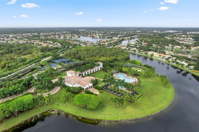 bird's eye view with a water view