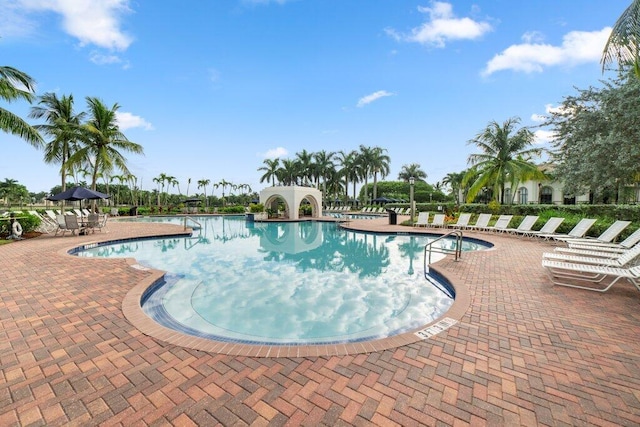 view of pool featuring a patio