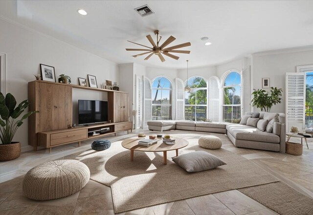 living room with ceiling fan