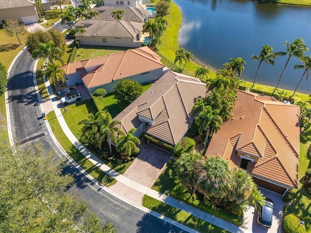 drone / aerial view featuring a water view