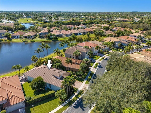 aerial view featuring a water view