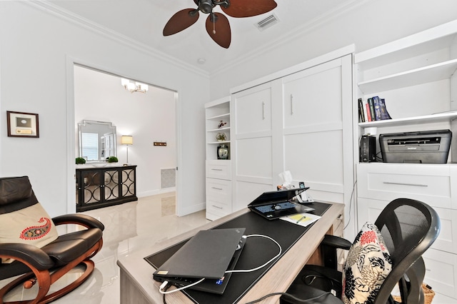 office space featuring crown molding and ceiling fan