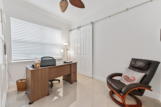 home office featuring light tile patterned floors, crown molding, a barn door, and ceiling fan