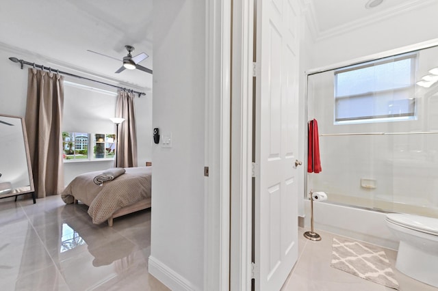 bathroom featuring bath / shower combo with glass door, tile patterned flooring, ornamental molding, ceiling fan, and toilet