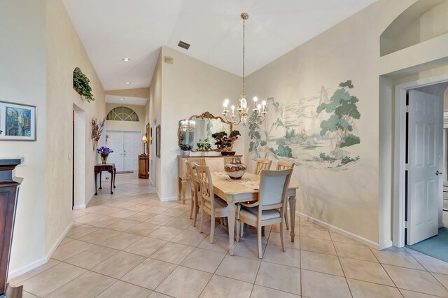 tiled living room with lofted ceiling and ceiling fan