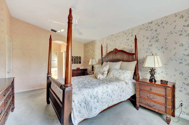 carpeted bedroom with ceiling fan