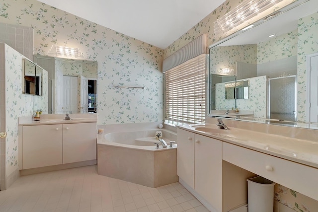 bathroom with vanity, plus walk in shower, and tile patterned flooring