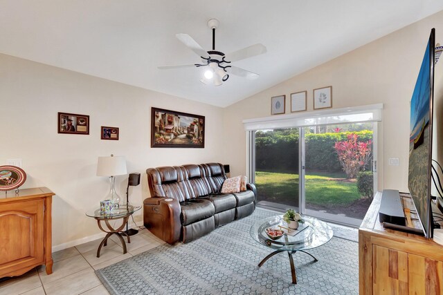 tiled living room with vaulted ceiling and ceiling fan