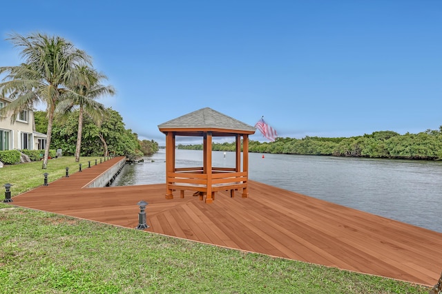 view of dock featuring a water view, a yard, and a gazebo