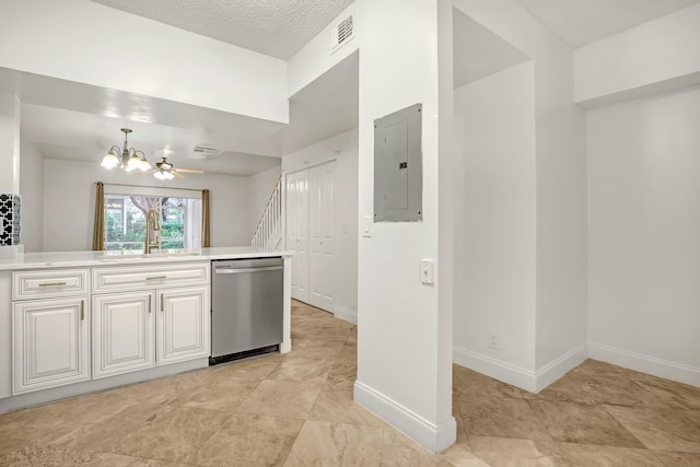 kitchen with sink, dishwasher, an inviting chandelier, hanging light fixtures, and electric panel