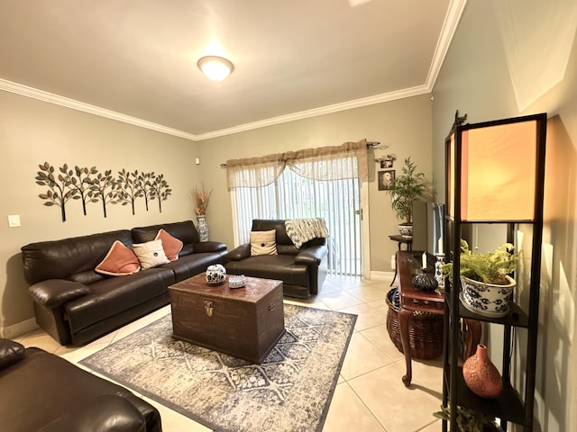 living room featuring light tile patterned flooring and ornamental molding