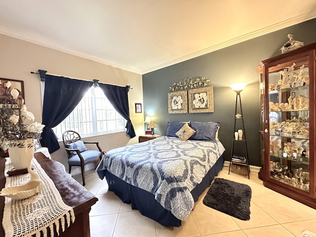 tiled bedroom featuring ornamental molding