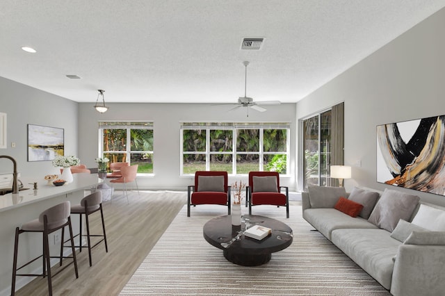 living room featuring ceiling fan, sink, a textured ceiling, and light hardwood / wood-style flooring