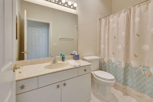 bathroom featuring tile patterned flooring, vanity, toilet, and a shower with shower curtain