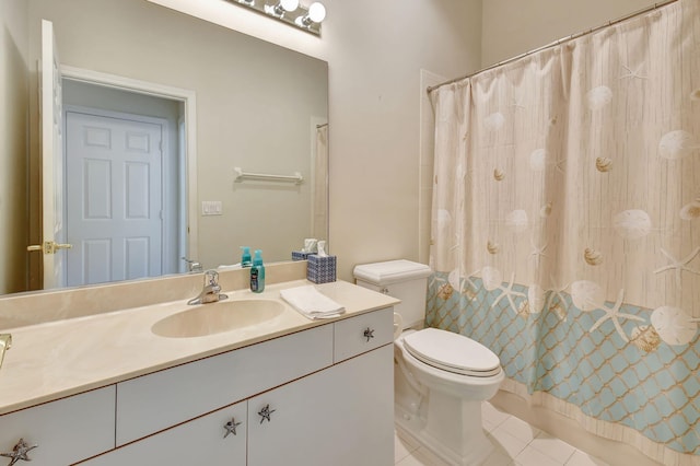 bathroom with a shower with shower curtain, vanity, toilet, and tile patterned flooring