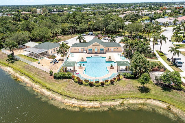 drone / aerial view with a water view