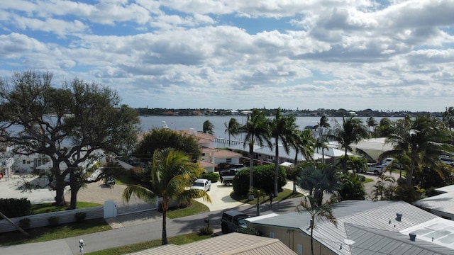 exterior space with a water view