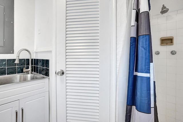 bathroom with sink, curtained shower, and electric panel