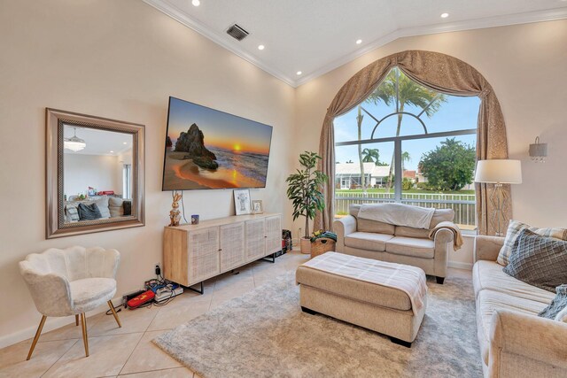 living room featuring light tile patterned floors, high vaulted ceiling, recessed lighting, visible vents, and ornamental molding