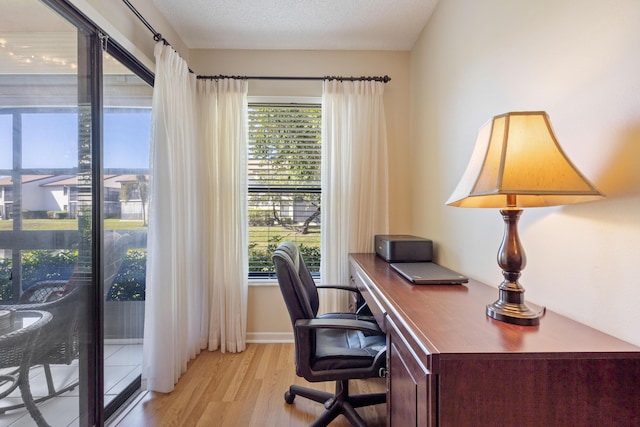 office with a wealth of natural light, a textured ceiling, and light hardwood / wood-style flooring